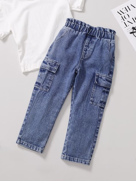 Dark Wash  Collar  Denim Plain Tapered/Carrot Embellished Non-Stretch  Toddler Girls Clothing Toddler Girl Jeans, Celana Jins, Girls Cargo Pants, Pants Embellished, Toddler Jeans, Baby Jeans, Moda Jeans, Boys Denim, Jeans Cargo