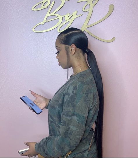 Sew In Ponytail, Braided Ponytail Weave, Ponytail Weave, Hair Stripes, Black Hair Inspiration, Slick Ponytail, Slicked Back Ponytail, Sleek Ponytail Hairstyles, Black Ponytail Hairstyles