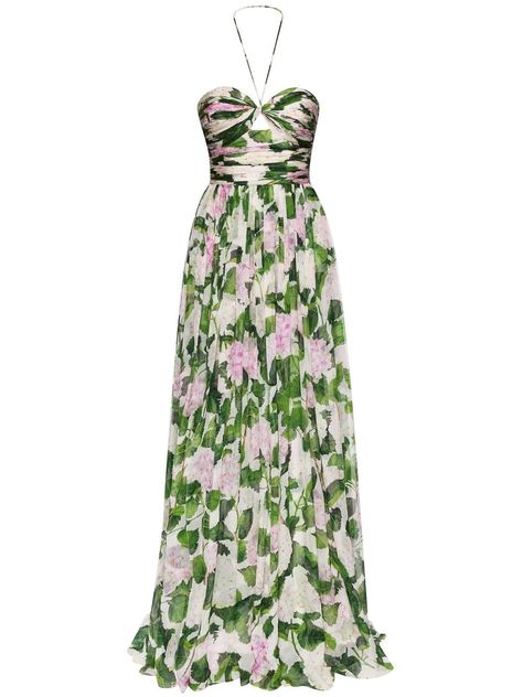 Oscar De La Renta floral-print Halterneck Gown - Farfetch Color Dresses, Elegant Attire, Floral Gown, Green Maxi, Women Halter, Floral Print Maxi Dress, Floral Print Maxi, Maxi Dress Green, Halterneck Dress