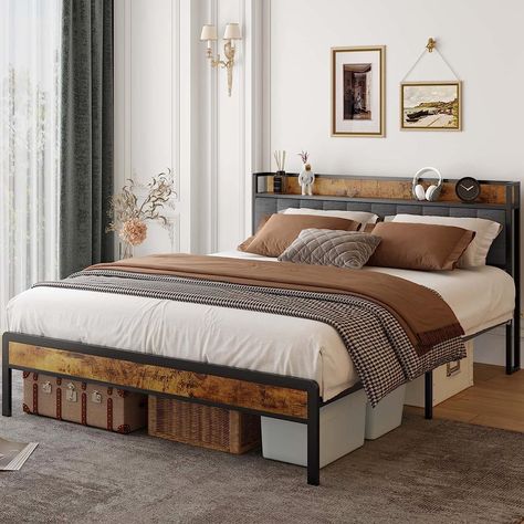 Gizoon Queen Bed Frame with Storage Headboard, Metal Platform Bed Frame Strong Steel Slats Support Mattress Foundation, Large Under Storage, No Noise (Dark Grey) Bed Frame With Storage Headboard, Upholstered Bed With Storage, Headboard Wood, Headboard Queen, Storage Headboard, Full Bed Frame, Phone Books, Everyday Clothes, Queen Size Bed Frames