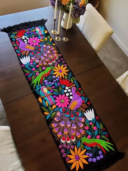 Table runners, hand embroidery handmade | Mexican Textile | Arte de Mi TIerra | Arizona Mexican Embroidery Designs, Mexican Table Runner, Mexican Textiles, Mexican Embroidery, Backstrap Loom, Handmade Table Runner, Hand Embroidery Patterns Flowers, Flower Diy Crafts, Hand Embroidery Design Patterns