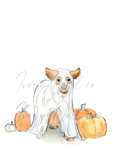 The Spooky Ghost Cow is a part of a series of Ghost animals. The minimal watercolor design will fit in perfectly for the Halloween season. These prints add a fun touch of whimsy to anyone's home, as well as remind us of our beloved pets. Watermark will not appear on print. Please note - USPS shipments may be delayed at this time, or you may see a lack of updating on tracking information due to current events affecting the Post Office. If you have a time sensitive order you may want to consider s Ghost Animals, Ghost Cow, Cute Halloween Drawings, Minimal Watercolor, Cow Drawing, Fall Drawings, Cute Sketches, Animal Doodles, Halloween Drawings