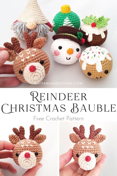 a collage of pictures showing crocheted Christmas baubles including the red-nosed reindeer Diy Christmas Baubles, Crochet Reindeer, Deer Toy, Crochet Christmas Ornaments Free, Crochet Ornament Patterns, Christmas Crochet Patterns Free, Crocheted Christmas, Crochet Xmas, Crochet Ornaments