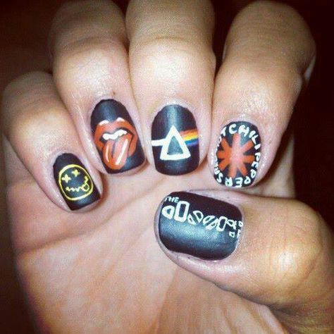 The Ultimate rock 'n roll statement nail art featuring Nirvana, the Rolling Stones, Pink Floyd, The Doors, and the Red Hot Chili Peppers! #olivenailart #oliverocknroll! Grunge Nail Art, Nirvana Nails, Rock Nails, Statement Nail, Band Nails, Grunge Nails, I'm With The Band, Nail Accessories, Kurt Cobain