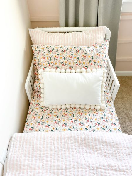 Toddler girl room. Magnolia Paint Ella Rose. Jenny Lind bed. Floral, girly room. Toddler Girl Bedding Ideas, Wildflower Toddler Girl Room, Minnen Bed Girl, Floral Toddler Room, Floral Toddler Girl Room, Girl Toddler Bed, Toddler Bedding Girl, Toddler Girl Bedding, Jenny Lind Toddler Bed