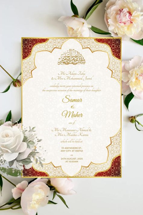 Islamic  White, Gold and Green Wedding invitation, Nikkah Invitation, Muslim Wedding Invite, islamic wedding card This is a digital product (there is no physical product being shipped). This is an editable Islamic wedding invite that features a white and gold colour theme. You will be able to customise this template as you wish, use it as as many times as you want, print copies or even use as a digital invite. You will receive: - Lifetime access to a 5" x 7" printable Muslim wedding invite (whic Wedding Cards Printable, Muslim Wedding Card Template, White Gold And Red Wedding, Nikkah Cards Invitations, Nikah Invitation Cards, Islamic Wedding Invitations Template, Muslim Wedding Invitation Card Design, Nikkah Invitation Cards, Nikah Card