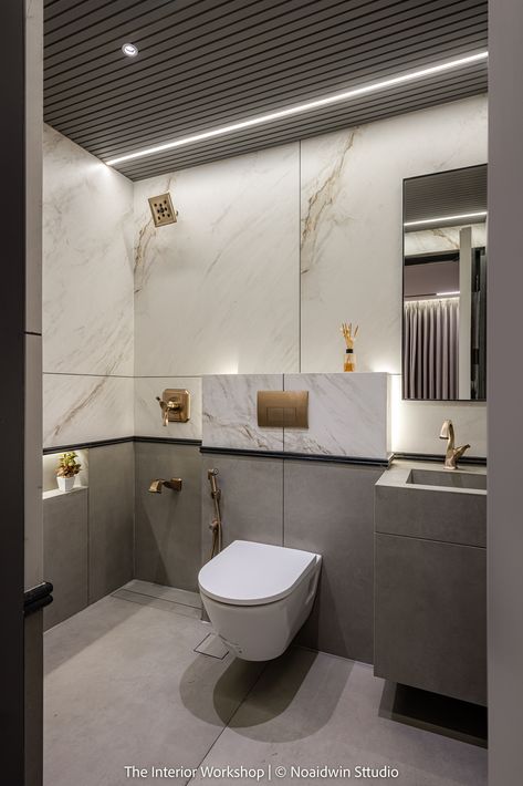 Sample Flat | The Interior Workshop Wash Room Tiles Design, Toilet Ceiling Design, Niche Design Wall Bathroom, Washroom Ceiling Design, Toilet Reference, Washroom Design Ideas, Niche Design Wall, Toilet Tiles Design, Washroom Interior