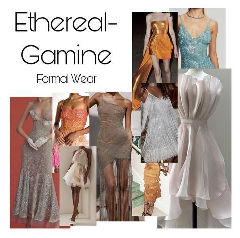 A collage of Ethereal-Gamine essence inspiration for formal wear. Ethereal Dramatic Classic, Flamboyant Gamine Dress, The Gamine Archetype, Romantic Ethereal Style, Ethereal Style Essence, Ethereal Essence Outfits, Ethereal Essence Style, Ethereal Wardrobe, Gamine Aesthetic