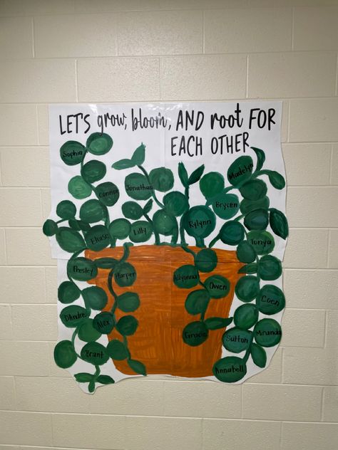 Growth Theme Ideas, Plant Theme Classroom Door Decor, Student Name Bulletin Board Ideas, Preschool Classroom Plant Decor, Green Plant Classroom Decor, Pre K Classroom Nature Theme, Bloom Themed Classroom, Garden Theme Classroom Ideas, Leafy Classroom Decor