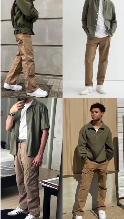 Dark Brown Chinos Men Outfits, Earthy Tone Outfits Men, College Boy Outfits, Outfit Color Combinations, Outfit Hombre Casual, Guys Fashion Casual, T Shirt Collar, Mens Smart Casual Outfits, Smart Casual Menswear