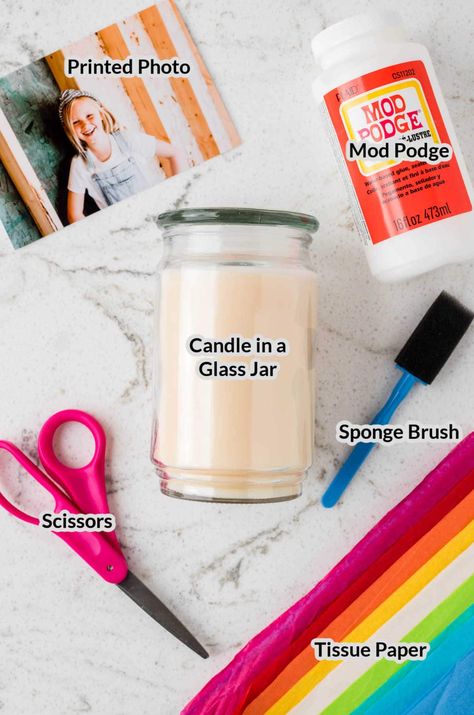 Picture On Candle Diy, Candle With Picture Diy, Photo Candle Holder, Photo Candles Diy Pictures, Mod Podge Gift Ideas, Mod Podge Pictures On Glass Diy, Memorial Candles Diy, Grandparent Christmas Gift Ideas Diy, Memorial Gifts Diy