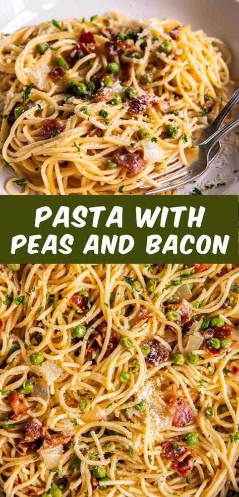 Pasta with Peas and Bacon is an easy pasta dish that you can make in less than 30 minutes. This creamy and comforting dinner is made with tender pasta, crispy bacon, sweet peas and a light cream sauce. Creamy Peas And Noodles, Pasta And Bacon Recipes, Bacon And Pasta Recipes, Pasta With Bacon Recipes, Pasta With Peas And Bacon, Creamy Bacon Pasta, Recipes With Bacon, Light Cream Sauce, Peas And Bacon