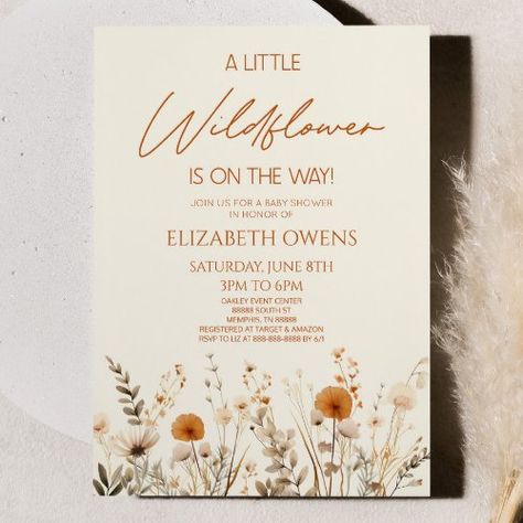 $2.09 | Boho A Little Wildflower Wild Flower Baby Shower - invites invitation, digital download, floral garden botanical greenery, baby shower, baby girl girly, a little wildflower, is on the way, wild flowers cute, boho bohemian modern elegant cute, brown burnt orange beige tan Wild Flower Baby Shower Ideas, Wild Flower Baby Shower, Wildflower Is On The Way, Blush Pink Baby Shower, Flower Baby Shower, Peach Baby Shower, Wildflower Baby Shower, Girl Bday Party, Flowers Cute