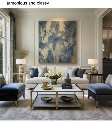 Modern Elegant Living Room Luxury, Living Room Designs Art Deco, Living Room Designs Couch And Two Chairs, Luxury Sitting Room Ideas, Blue White Green Living Room, Formal Sitting Room Ideas Luxury, Modern Theme Living Room, Black White Blue Living Room, Luxury Blue Living Room