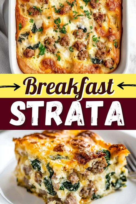 This tasty breakfast strata is perfect for feeding a crowd! Packed with sausage, spinach, and cheese, it's a guaranteed winner. Easy One Pot Breakfast, Breakfast In A Pan, Breakfast To Take To A Party, Good Brunch Ideas Easy Recipes, Breakfast Brunch Recipes Ideas, Breakfast Casserole Recipes With Bread, Breakfast Football Food, Breakfast Sandwich Casserole, Breakfast Casserole For Large Groups