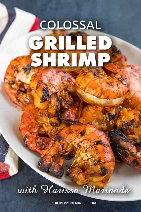 Large Shrimp Recipes Grilled, Grilled Large Shrimp, Colossal Shrimp Recipe Dinners, Large Prawn Recipes, Colossal Shrimp Recipe, Grilled Shellfish, Harissa Marinade, Colossal Shrimp Recipes, Seafood Board