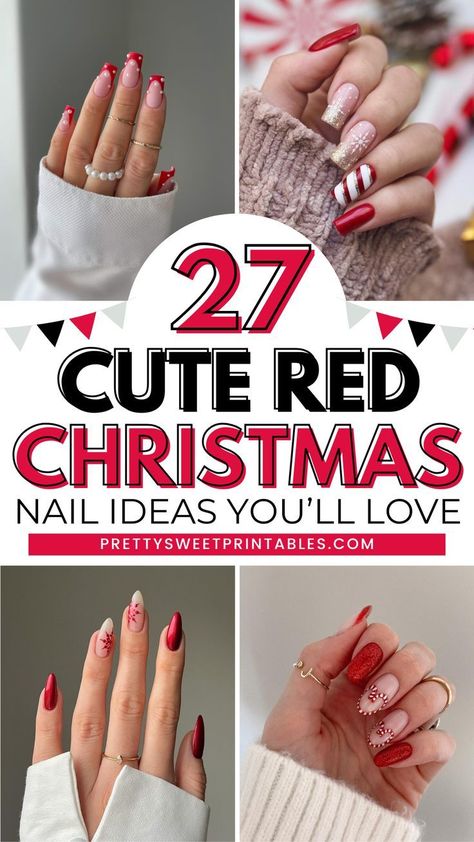 Looking for festive yet simple Christmas nails? You'll love these simple Christmas nail designs, simple Christmas nail art, and holiday nails! Check out this article for all the holiday nail ideas, and don't forget to SAVE your favorites! Christmas Nails For Natural Nails, Xmas Shellac Nails, Anc Christmas Nails, Gel Nail Christmas Designs Holidays, Simple Red And White Nail Ideas, Nails Dip Christmas, Red Nail Designs For Christmas, Red And Glitter Christmas Nails, Red Nails With Sparkle Tips