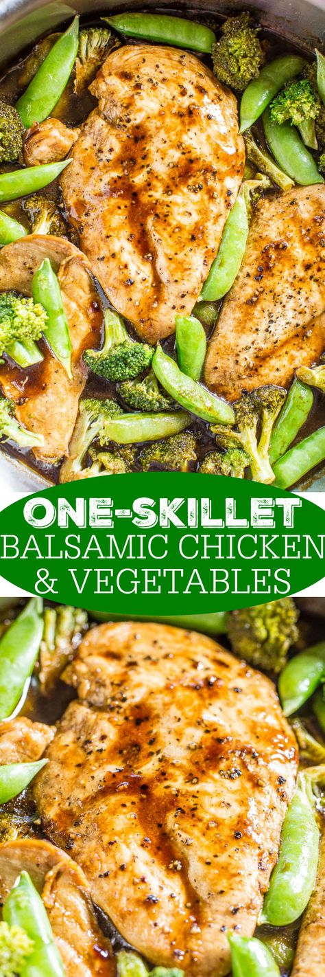 One-Skillet Balsamic Chicken and Vegetables - A tangy-sweet balsamic glaze coats juicy chicken and crisp-tender veggies!! Healthy, easy, ready in 15 minutes, and perfect for busy weeknights! It's a keeper!! Balsamic Chicken Recipes, Averie Cooks, Chicken Skillet, Chicken And Veggies, One Skillet, Balsamic Chicken, Food Group, Balsamic Glaze, Snap Peas