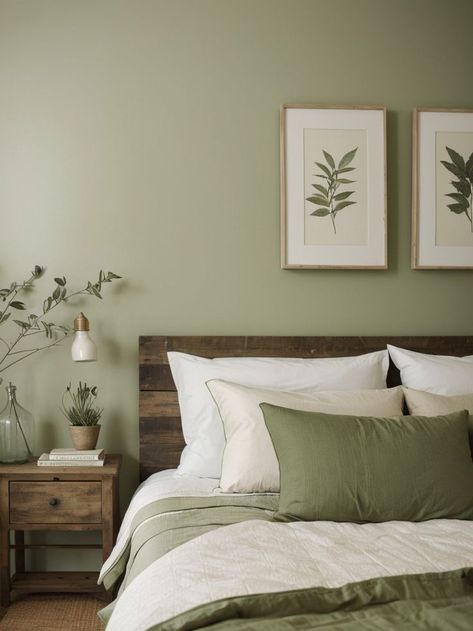 Master Bedrooms Decor Cozy Sage Green, Bedroom Inspirations Green And Brown, Botanical Minimalist Bedroom, Bedroom Ideas Sage Green And Grey, Light Olive Green Walls Bedroom, Sage Green And Walnut Bedroom, Sage Green And Wooden Bedroom, Room Green Walls Aesthetic, Sage Green Bedroom Black Bed Frame