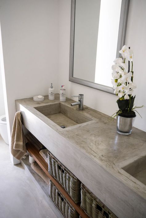 Cemcrete’s SatinCrete or CreteCote can be used to coat a bathroom vanity Modern Bathroom Trends, Dapur Mini, Cement Bathroom, Concrete Countertops Bathroom, Bathroom Construction, Concrete Bathroom, Concrete Countertops Kitchen, Bad Inspiration, Countertop Design