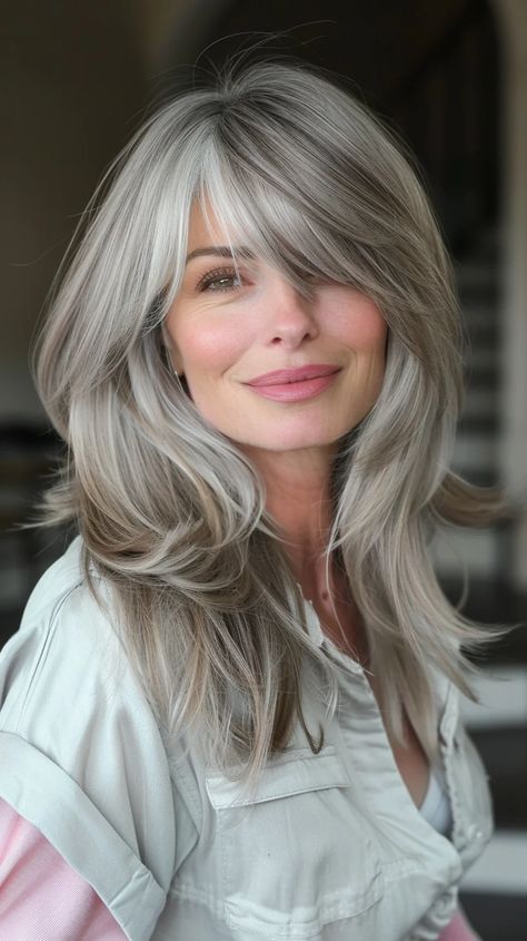 30 Absolutely Stunning Gray Hairstyles With Bangs For Women Over 60 Roxanne Gould, Silver Hairstyles, Women Haircuts Long, Side Bangs Hairstyles, Gorgeous Gray Hair, Going Grey, Grey Hair Inspiration, Beautiful Gray Hair, Silver Foxes