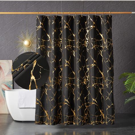 PRICES MAY VARY. Water-poof Fabric:The black and gold shower curtain fabric is made of waterproof polyester that is smooth, breathable, quick-drying, wrinkle-free, and anti-bubble to withstand a wet bathroom Unique design: Classic marble style and gold foil printed with bright shiny gold stripes on a solid black background, bring an elegant and a luxurious look to your bathroom,This black and gold shower curtain set is a perfect gift idea for friends Function: This modern shower curtain can prov Dark Powder Room Ideas, Dark Shower Curtain, Glitter Shower Curtain, Glitter Shower, Marble Shower Curtain, Gold Shower Curtain, Gold Bathroom Decor, Scandinavian Design Living Room, Black And Gold Bathroom