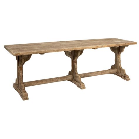 Add some natural and rustic charm to any dining space with this reclaimed pine wood table. This table has a long and spacious design that fits perfectly in any dining room, kitchen, or patio. The table has a smooth and sturdy reclaimed pine wood top that can hold up to 110 pounds of décor items, dishes, or plants. The table also has three reclaimed pine wood legs that provide stability and support, as well as add some symmetry and balance to the table. The table top is made of 4 reclaimed wood p Long Narrow Outdoor Dining Table, Bohemian Dining Table, Slim Dining Table, Long Narrow Dining Table, Narrow Dining Table, Reclaimed Pine Dining Table, Pine Wood Dining Table, Pine Wood Table, Darker Aesthetic