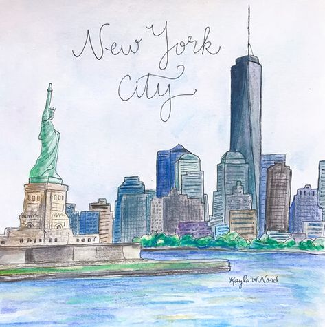 Nyc Aesthetic Drawing, New York City Watercolor Painting, New York Art Drawing, New York City Painting Easy, New York City Drawing Sketches, How To Draw A City, New York Dibujo, Drawing Ideas City, New York Illustration Art