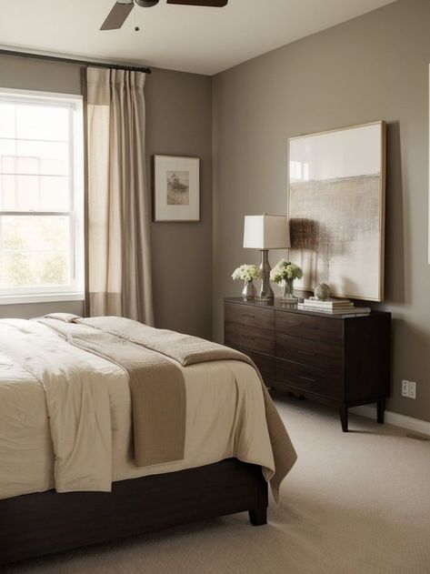 Earthy Bedroom Dark Wood, Earth Tones Master Bed, Calm Neutral Bedroom Ideas, Neutral Bedroom Ideas With Dark Furniture, Bedroom Paint For Dark Furniture, Bedroom With Espresso Furniture, Dark Wood Modern Bedroom, Bedroom Wall Colors With Dark Brown Furniture, Beige And Dark Wood Bedroom