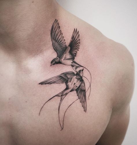 Tats • Instagram Bird Chest Piece Tattoo, Birds On Chest Tattoo, Birds On Back Tattoo, Realistic Swallow Tattoo Design, Fine Line Crow Tattoo, Sparrow Back Tattoo, Mens Swallow Tattoo, Swallow Neck Tattoo, Neck Bird Tattoo