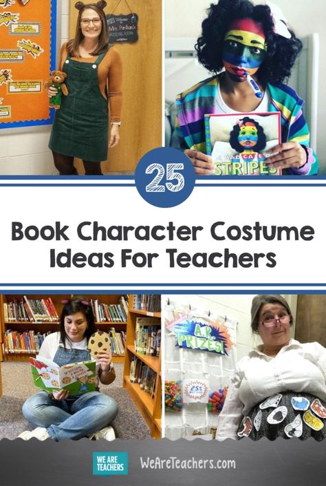 25 Amazing Book Character Costume Ideas For Teachers Dress Up Like A Book Character Easy, Book O Ween Teacher Costumes, Dress Like A Storybook Character Teacher, Character Day Dress Up Ideas, Prek Book Character Costumes, Dress Like A Book Character Day, Book With No Pictures Costume, Book Character Halloween Costumes For Teachers, Character Day Costumes For Teachers