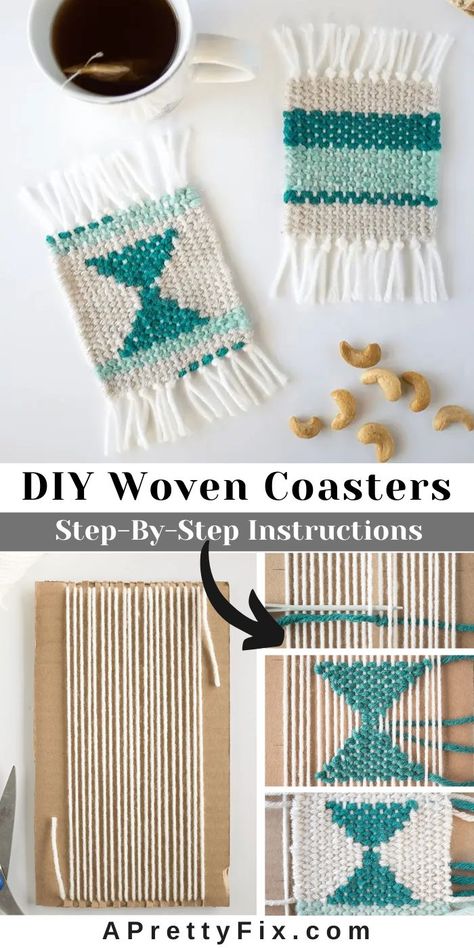 DIY woven coasters tutorial for beginners. #diy #coasters #woven Small Weaving Projects Ideas, Small Weaving Projects, Doodle Weaving, Woven Coasters, Finger Weaving, Weaving Loom Diy, Weaving Loom Projects, Weaving Tutorial, Diy Weaving