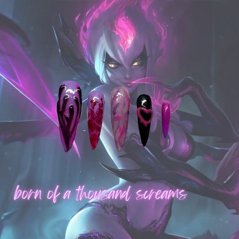 hot pink, purple, black heart nails with aura builder gel league of legends inspired nails evelynn nails Bayonetta Inspired Nails, League Of Legends Nails, Evelyn Lol, Bayonetta Oc, League Of Legends Evelynn, Evelynn Lol, Lol Nails, Kda Evelynn, Dibujos Dark