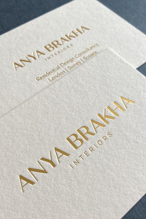 Dark satin gold foil printing, on a thick 700gsm vellum colorplan stock. Dental Business Cards, Luxe Business Cards, Printed Vellum, Interior Designer Business Card, Gold Foil Business Cards, Business Card Design Minimal, Clean Business Card, Business Card Design Minimalist, Buisness Cards