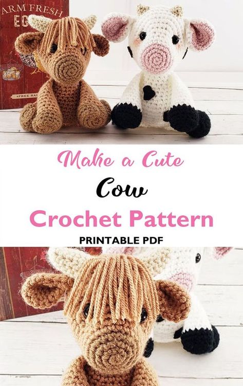 Crocheted Stuffed Animals, Oddity Art, Crocheted Cow Pattern, Cow Crochet, Animal Amigurumi, Amigurumi Cow, Easy Crochet Animals, Crochet Cow, Mini Crochet