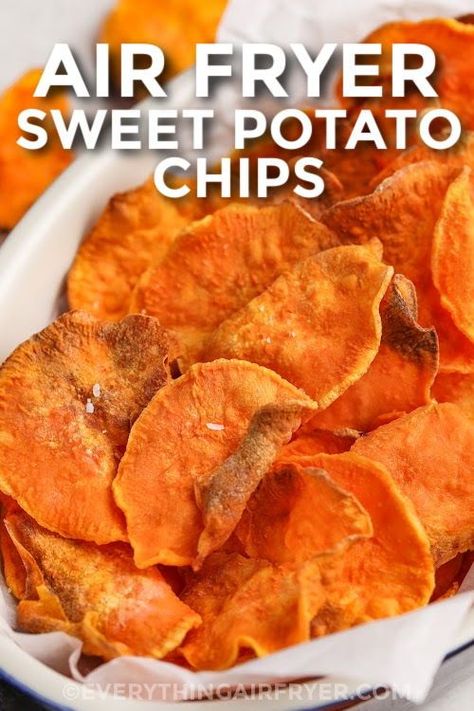 Air fryer sweet potato chips are quick and easy to make. Just power up that Ninja air fryer and cook up a batch of these sweet and crispy homemade chips. Made with less oil than deep frying, the air fryer makes it healthy to cook all kinds of tasty snacks. And the best part is that it won't take long to make these, they are ready in minutes. #airfryersweetpotatochips #sweetpotatochipsintheairfryer #homemadesweetpotatochips #everythingairfryer Chicken Tender Air Fryer, Air Fryer Sweet Potato Chips, Pork Chops Air Fryer, Air Fryer Recipes Potatoes, Healthy Chip Alternative, Chicken Wings Air Fryer, Sweet Potato Chips Recipe, Food Diet Plan, Potatoes Air Fryer