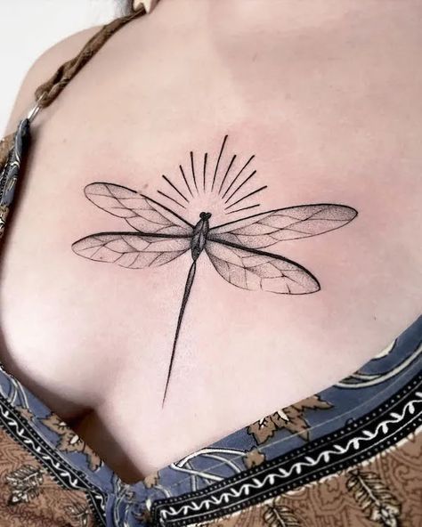 Dragonfly With Angel Wings Tattoo, Dragonfly Tattoo Xray, Vintage Dragonfly Tattoo, Dragonfly Tattoo On Chest, Dragonfly Sun Tattoo, Dragonfly And Sun Tattoo, Dragonfly Throat Tattoo, Black And Grey Dragonfly Tattoo, Dragon Fly Tattoo Sternum