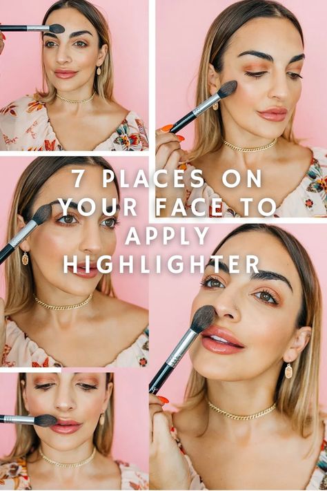 applying makeup with brush Where To Put Highlighter On Your Face, Where Does Highlighter Go On Face, How To Apply Highlighter, Where To Put Highlighter, Highlighter Tutorial, Highlighter Application, Where To Apply Highlighter, Apply Highlighter, Applying Highlighter