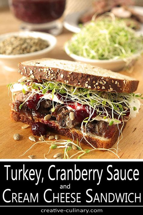 Sandwich With Sprouts, Cranberry Sauce Sandwich, Sprout Sandwich, Cream Cheese Sandwich, Sunflower Sprouts, Fall Treats Recipes, Turkey Appetizers, Thanksgiving Sandwich, Sprouts Recipes