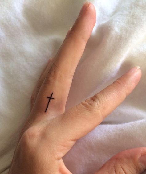 Cross In Finger Tattoo, Small Cross On Finger Tattoo, Cross Fingers Tattoo, Bible Finger Tattoos, Cross On Middle Finger Tattoo, Small Cross Finger Tattoo, Biblical Finger Tattoos, Cross Stick N Poke, Simple Crucifix Tattoo