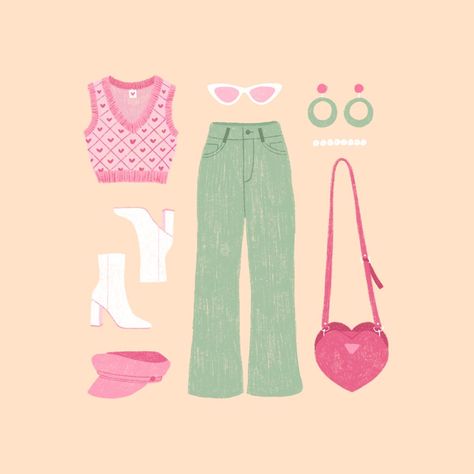 Outfit of the day: illustrated. Casual, comfortable, and stylish. . #Figurine #Croquis #Outfit_Ideas_Illustration #Manga_Fashion_Illustration Outfit Ideas Illustration, Flat Lay Illustration, Thrifting Illustration, Thrift Illustration, Lookbook Illustration, Closet Illustration, Ootd Illustration, Outfit Journal, Pastel Aesthetic Outfit