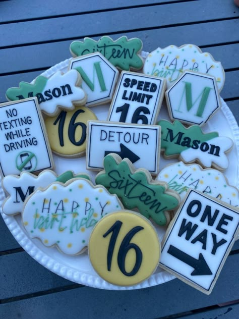 16 Sugar cookies for the birthday boy made by a cute bakery in old St. Charles mo (BEBE LIZ) #cookies #16thbirthday #16birthdaycookies #cookiedecorating #sweet16 #birthdaycookie #16thbirthdaydecorations Bucees Birthday Cookies, 16th Birthday Cookies Girl, 16 Birthday Boy Ideas, Boys Sweet 16 Party Ideas Decoration, Sweet 16 Cookie Ideas, Boys 16th Birthday Ideas, 16th Birthday Party Ideas Boy, Boy Sweet 16 Party Ideas, Boy 16th Birthday Ideas