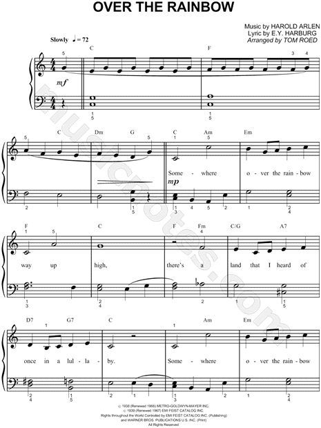 Judy Garland "Over the Rainbow" Sheet Music (Easy Piano) in C Major (transposable) - Download & Print|#freesheetmusicforguitar #guitarsheetmusic #popularguitarsheetmusic #guitarnotesforbeginners #Sheetmusic #drumssheetmusic #popularpianosheetmusicfree #Violinsheetmusic Rainbow Piano, Sheet Music Easy, Beginner Piano Music, Easy Sheet Music, Trumpet Music, Clarinet Music, Piano Music Lessons, Download Sheet Music, Flute Sheet Music