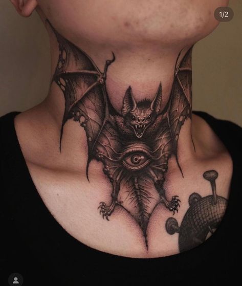 Bat Tattoo Neck, Bat Head Tattoo, Bat Neck Tattoo, 808 Tattoo, Bat Tatoos, Neck And Throat Tattoos Men, Bat Tattoo Design, Bat Tattoo Ideas, Bat Tattoos