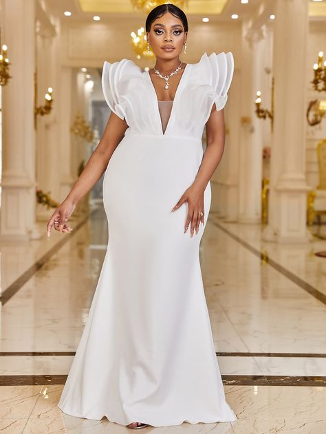 White Party Collar Short Sleeve Fabric Plain Bodycon Embellished Slight Stretch  Women Plus Clothing Dress Types, Wedding Dress Types, Butterfly Sleeve Dress, Wedding Highlights, Plunging Neck, Designer Wedding Gowns, Butterfly Sleeve, Dress Stores Online, Art Culture