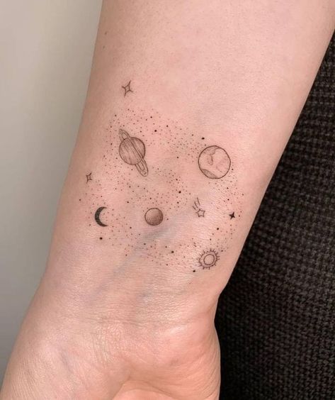 Solar System Tattoo, Attractive Style, Planet Tattoos, Galaxy Tattoo, Map Tattoos, Theme Tattoo, Small Pretty Tattoos, Spine Tattoos For Women, Different Tattoos