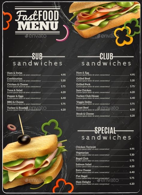 Fast Food Sandwiches Menu Advertisement Poster by macrovector Fast food cafe healthy options wholegrain wheat multigrain sandwiches blackboard menu realistic advertisement poster print vector Papan Menu, Design Cibo, Menu Pizza, Sandwich Menu, Food Truck Menu, Cafe Menu Design, Menue Design, Sandwich Bar, Pizza Menu