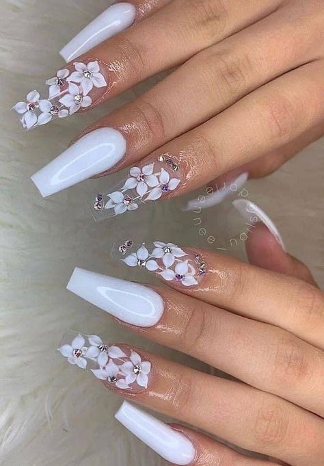 Colors Nails, White Coffin Nails, Pedicure Designs, White Acrylic Nails, Cute Acrylic Nail Designs, Floral Nail Art, Coffin Nails Long, Summer Acrylic Nails, Nagel Inspo