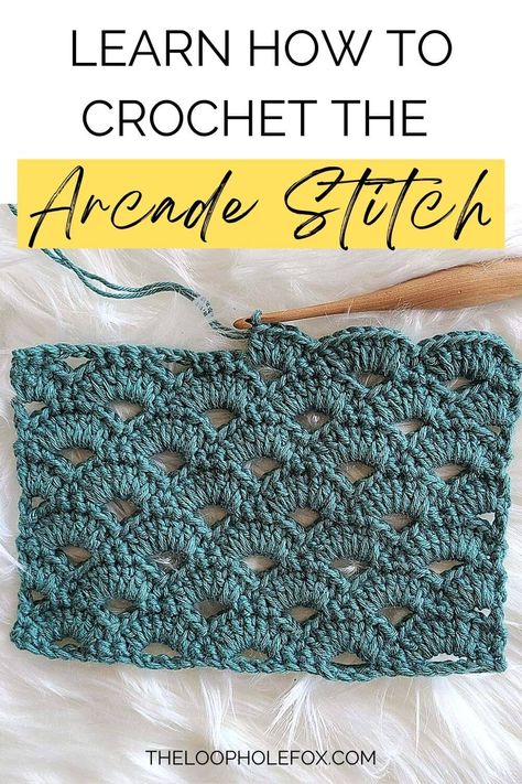 Don't miss out on the beauty of the Crochet Arcade Stitch! This beautiful stitch of fans (or shells) has a delicate look yet strong construction that is great for all types of uses in crochet projects. This crochet stitch tutorial includes step by step photos with the instructions written out in full sentence detail and shows how it might look if you come across it in a pattern. You can't go wrong with the Crochet Arcade Stitch - You'll love it! Types Of Crochet Stitches, Loose Crochet Stitch, Unique Crochet Stitches, Arcade Stitch, Crochet Blanket Stitch, Crochet Blanket Stitch Pattern, Stitch Techniques, Crochet Stitch Tutorial, Different Crochet Stitches