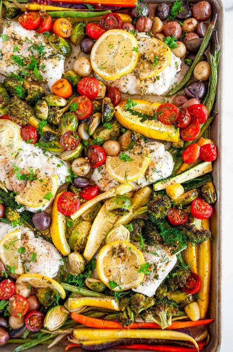 Fish And Vegetable Recipes, Cod And Veggies, Sheet Pan Cod, Garlic Herb Butter Sauce, Herb Butter Sauce, Vegetable Dinner, Veggies Dinner, Dinner Seafood, Pork Chops And Potatoes